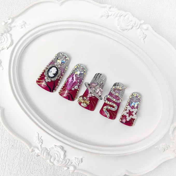2025 Vermilion Duck Nails Medium Square Fake Nails with Stars Butterflies Snake Designs Handmade Pmma acrylic Glossy Reusable Fake Nails (Red, M)
