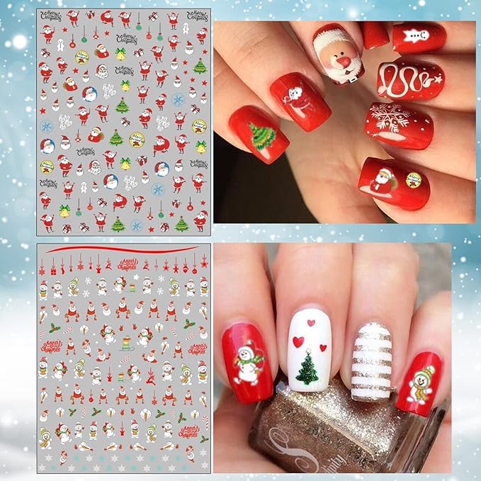 TailaiMei Christmas Nail Decals Stickers, Self-Adhesive Nail Art Decorations, Design for Santa Claus Snowflake Snowman (1366 Pcs, 12Sheets)