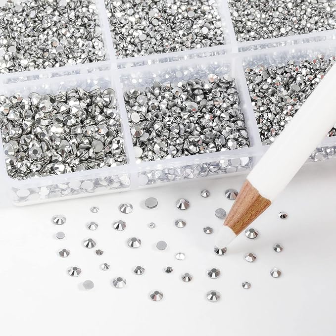 Beadsland 7200pcs Flatback Rhinestones,Silver Rhinestone Nail Gems Round Crystal Rhinestones for Crafts,Mixed 6 Sizes with Wax Pencil Kit, SS3-SS10,Silver Hematite