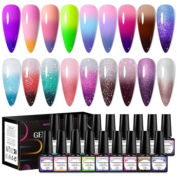 Color Changing Gel Nail Polish Set, 18 Colors Red Pink Glitter Blue Purple Mood Temperature Change Nail Polish Gel Set Soak Off Nail Art Gel DIY Salon Valentine's Day Manicure Gift