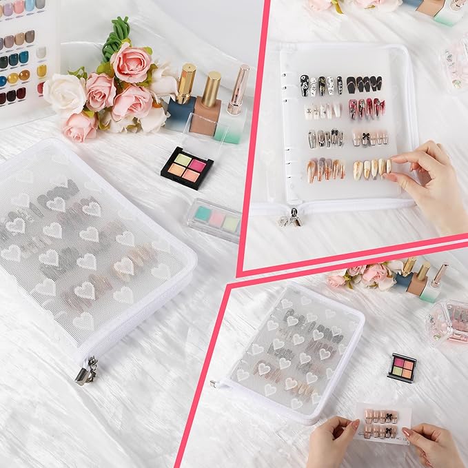 Press On Nail Storage Organizer Binder with 8 Insert Pages - A5 Size & Double Sized Tape, Press on Nails Display Storage Book, Reusable Fake Nail Swatch Collecting Book (White)