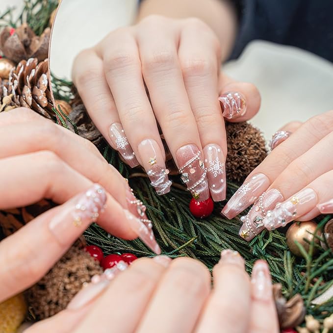 Sun&Beam Nails Handmade Press-on Medium Long Coffin Ballerina Pink White Silver Christmas 3D Sweet Design Fashion False Nail Tips 10 Pcs Set (#196 XS)