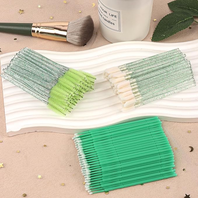 300 Pack Disposable Spoolies Brushes Sets Mascara Wand Lip Brushes Bamboo pole-shaped Handle Cotton Swab for Eyebrow Eyelash Extension Tattoo Lipstick Applicator(Green)