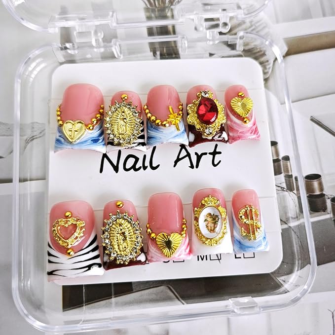 10 Pcs Handmade Acrylic Press on Nails Short Duck Fake Nails with Design 3D Gold Metal Rhinestone Heart Charm Glue on False Nails French Tip Pink Artificial Handmade Nails for Women - Size M
