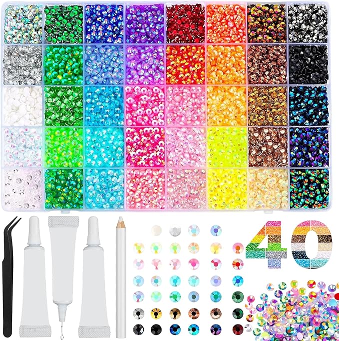 32000Pcs 40 Colors Resin Jelly Rhinestones for Bedazzling, Multicolor 3mm Flatback Gems for Diamond Art 3Pcs Jewelry Glue for Bedazzled Nail Art Makeup Crafting Book Shoes