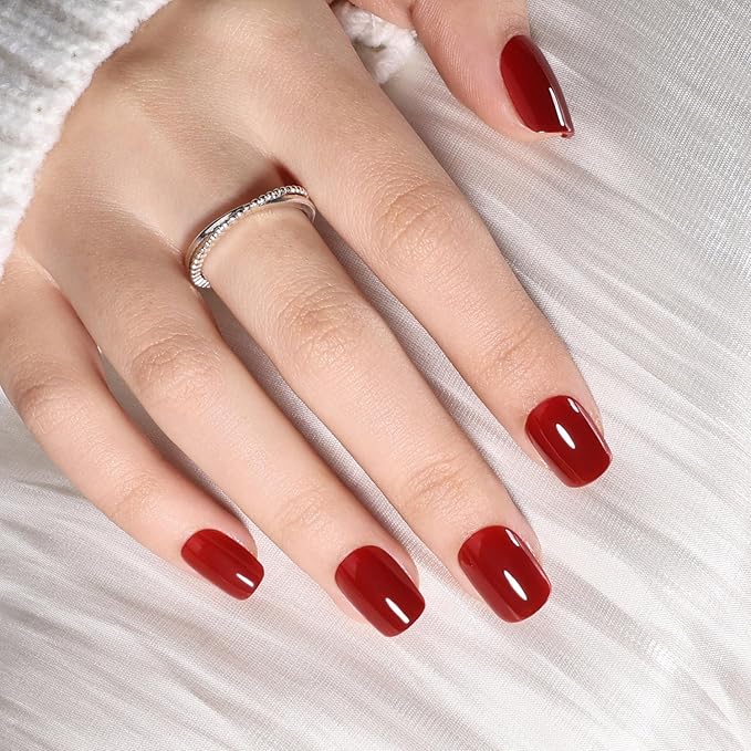 Burgundy Press On Nails - Red Short Square Fake Nails, Square Red Press On Nails Reusable Stick On Nails in 15 Sizes, 30pcs False Nail Kit for Women & Girls (Burgundy)