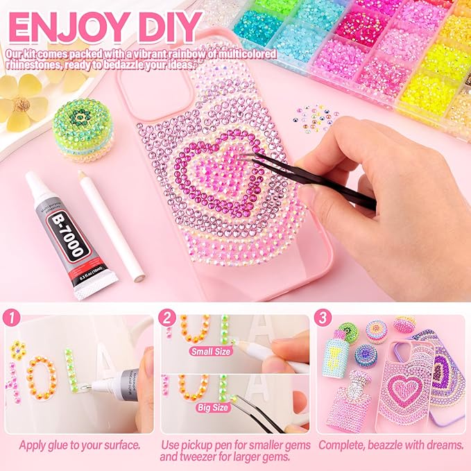 26000Pcs Resin Rhinestones for Bedazzling Kit, 2 Boxes Multicolor 3mm&5mm Bedazzled Crystal, Flatback Gems with 3Pcs 10ml B7000 Jewelry Glue for DIY Crafts Clothing Nail Art Makeup