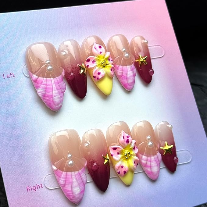 Handmade Press on Nails Wine Red Gradient,French Tip 3D Flower & Pearl Designs,Full Cover Medium Almond Fake Nails,Multi-Layer Gel Acrylic Stick on Nails for Women (10pcs)