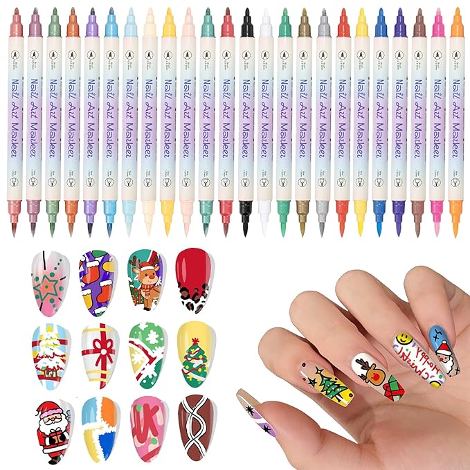 24 Colors Nail Art Pens Set, 3D Nail Polish Pens, Double-ended Nail Markers, Quick-Drying Acrylic Paint Markers, Drawing Painting Dotting Liner for DIY Nail Design, Home & Salon Manicure Tools