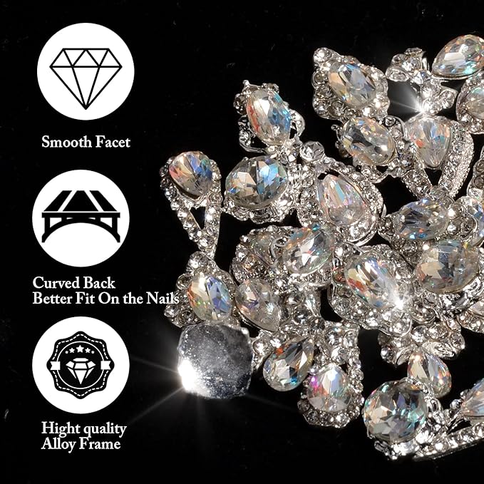 30Pcs Nail Crystal AB Rhinestones 3D Nail Charms Rhinestones Glass Metal Gems Jewels Nail Diamonds Nail Charms for Girl Women DIY Nail Art Craft Decoration