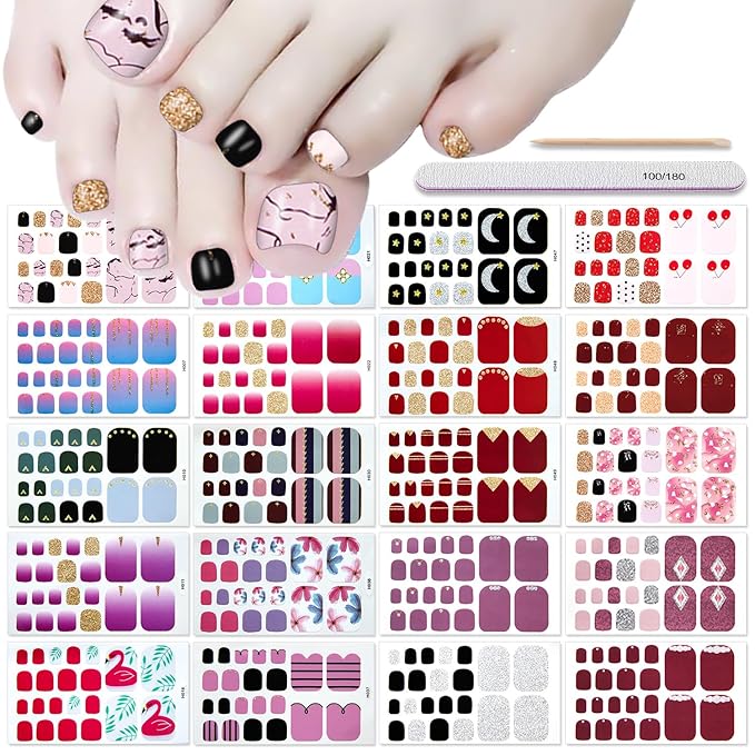 DANNEASY 20 Sheets Toe Nail Stickers Full Nail Wraps for Women - Colorful Self Adhesive Toenails Polish Strips for Toes Gel Strips Toenail Manicure Gel Sticker Nails with File, Cuticle Stick