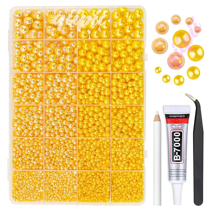 2 Styles Orange Yellow Flatback Pearls for Bedazzling Crafting 3-10mm Half Round Pearls Beads Gems Bedazzler Kit Charms for Nails Face Eyes Makeup Tumblers Bottles DIY Crafts Shoes Beauty Decor