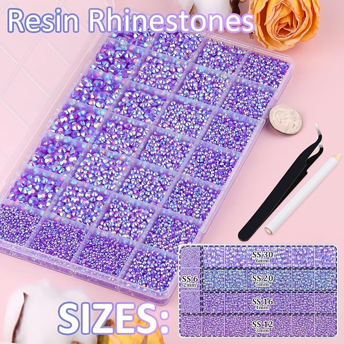 30000Pcs Resin Rhinestones for Bedazzling with Tweezers, Dark Purple AB Rhinestones for Crafting with B7000 Jewelry Glue for DIY Crafts Clothing Tumblers Shoes Fabric Nail Art