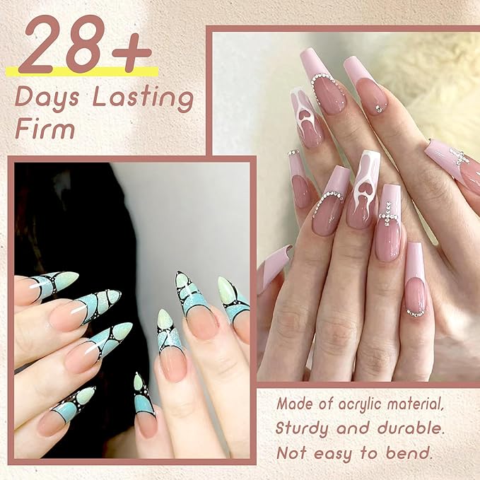 ELLEWIN 480PCS No C Curve Clear Nail Tips, Half Cover Coffin and Almond Nails for Acrylic Nails Kit, 10 Sizes Soft Gel Fake Nails Extension for Salons and Home DIY Gifts
