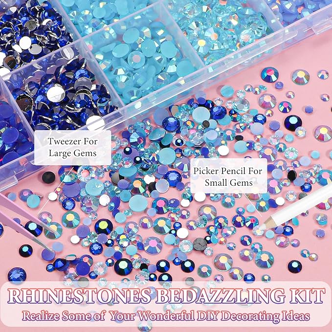 22300Pcs Blue Rhinestones for Bedazzling, 3mm-6mm Flatback Jelly Bedazzling Resin Gems, Blue Gems AB Bedazzling Kit for Crafting Nails Face Makeup Crafts Tumblers