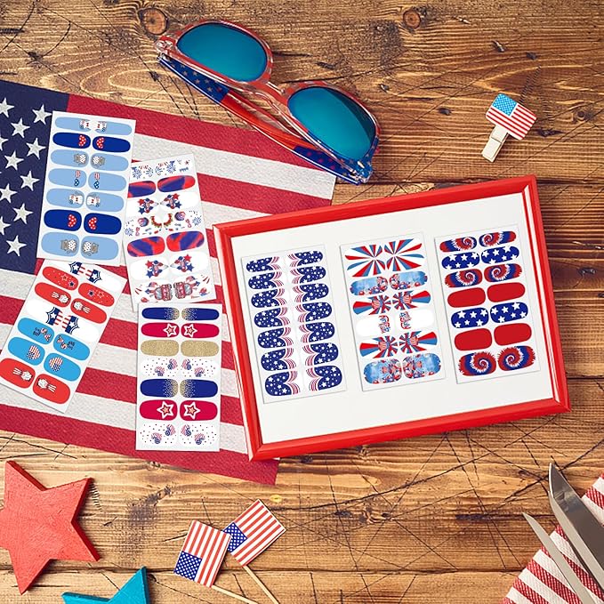 DANNEASY 16 Sheets 4th of July Independence Day Nail Polish Stickers Full Nail Wraps Self Adhesive Nail Polish Strips Gel Fingernail Sticker Nails for Women with Nail File, Cuticle Stick
