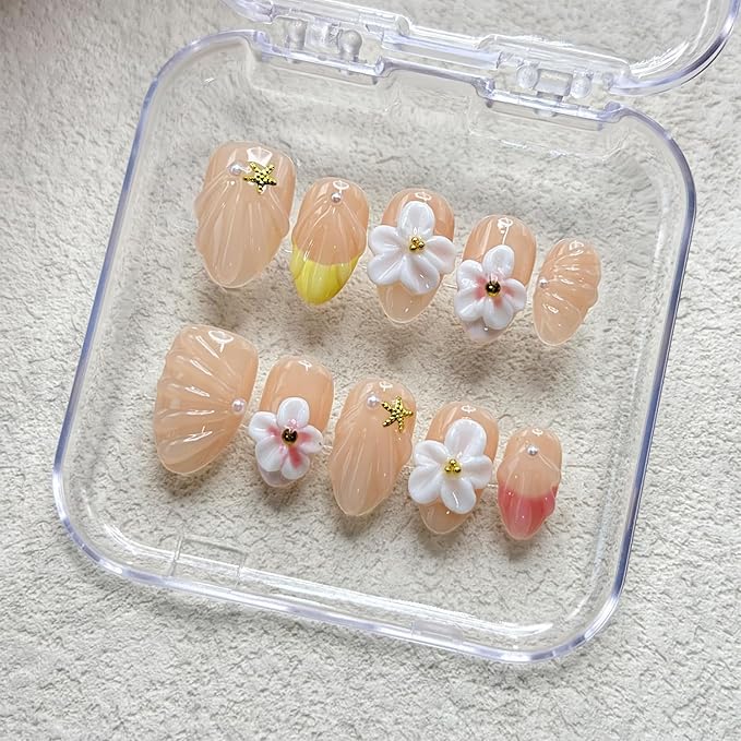 Short Almond Press on Nails Handmade Nails with Glue,Muti-Layer Gel French Tip Fake Nails with 5D Flower Design Nude Acrylic Nail Reusable Nature Handmade False Nails for Wome (Size S)