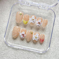 Short Almond Press on Nails Handmade Nails with Glue,Muti-Layer Gel French Tip Fake Nails with 5D Flower Design Nude Acrylic Nail Reusable Nature Handmade False Nails for Wome (Size S)