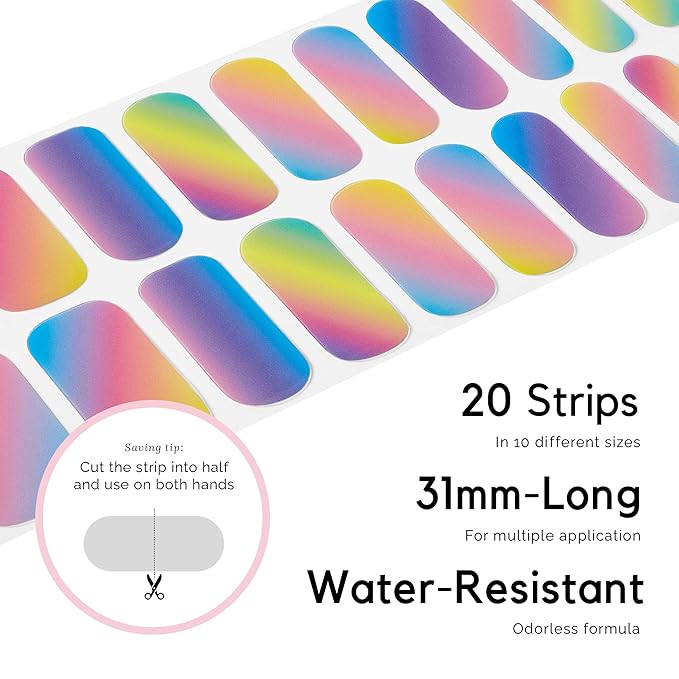 NAILOG Semi Cured Gel Nail Strips for Spring (20 Extra Long Polish Stickers/Wraps) │ Glossy & Long Lasting Soft Gel Finishing (Rainbow)