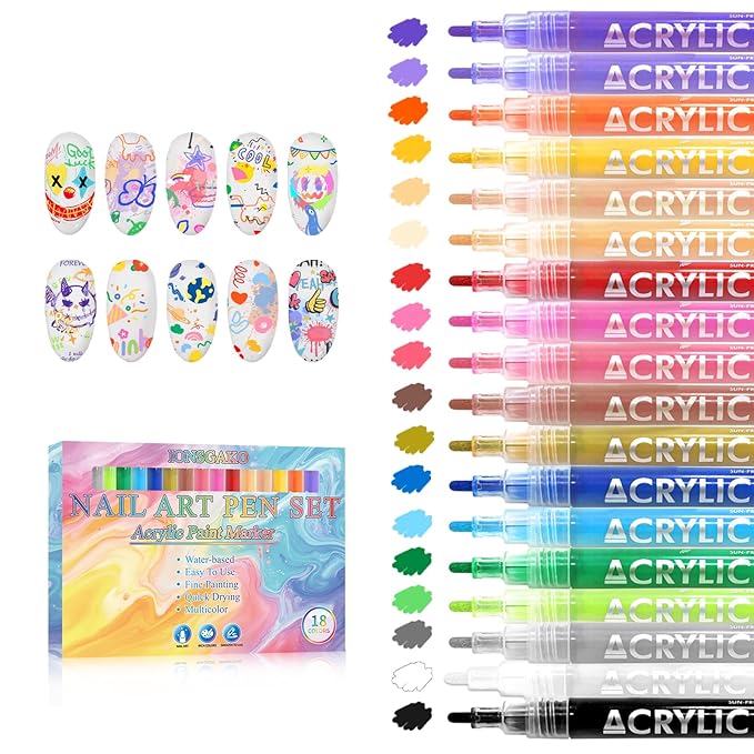 18 Colors Nail Art Pens Set, Nail Polish Pens for Nail Art Quick Drying 3D Acrylic Paint Markers for Painting Dotting Liner Pen Nail Salon DIY Design Kit
