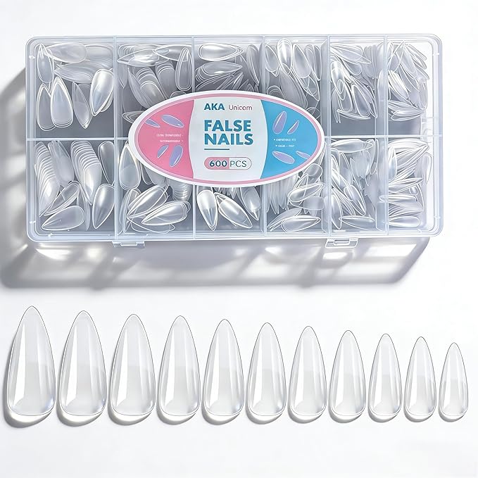 600Pcs Nail Tips Almond,12 Sizes Soft Gel Nail Tip, Pre Filed Half Matte Full Cover Nail Tips Acrylic Gel Tips Nail Kit Press on Nails for Extension Nail Manicure Home DIY