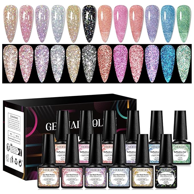 Gel Polish Reflective Glitter Gel Nail Polish Set, 12 Colors Holographic Sparkle Glitter Gel Flash Diamond Sliver Gold Pink Blue UV LED Soak Off Manicure Kit Gift for Women Girls