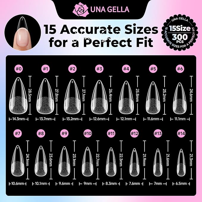 UNA GELLA Stiletto Gel Nail Tips Medium 15 Sizes 300PCS Pre-Etched Clear Acrylic Nail Tips Easy DIY Salon Stiletto Almond Press On Nails Snug Fit Full False Fake Tips Extensions Long-Lasting Hold