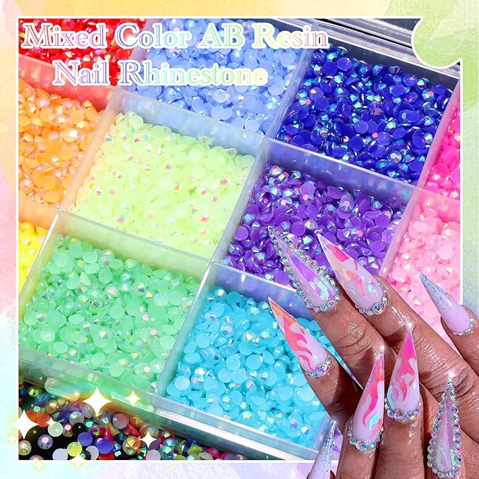 RODAKY 18000Pcs Resin Jelly Rhinestones for Nail Art 3mm Flat-Back Rainbow Gems Crystal Gemstone with AB Coating Colorful Bedazzling Crystals for DIY Nail Design Clothing Shoes