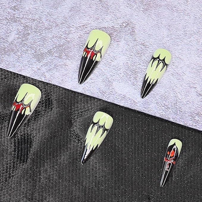 Cute Ghost Press on Nails - Halloween Fake Nails with Black Bat Nail Tip Designs | 3D Long Stiletto False Nail,Reusable Stick on Nail for Women Girls | 12Size - 24Pcs with Jelly Glue
