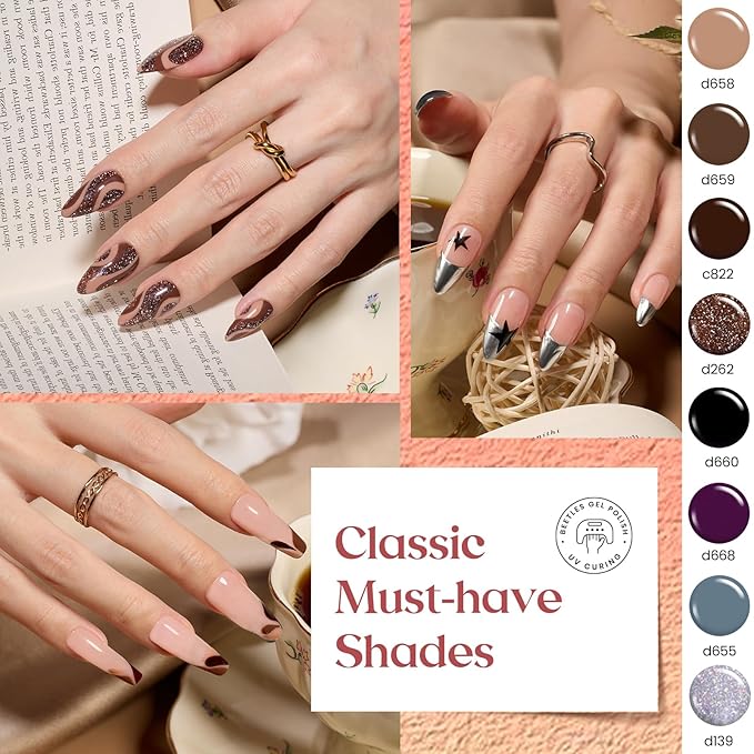 Beetles Gel Liner Nail Art Polish Set 50 Colors Reflective Gold Glitter Green Pink Red Blue Silver Gel Nail Polish Soak Off UV Built Thin Brush in Bottle Nails Design Rainbow Gift for Women