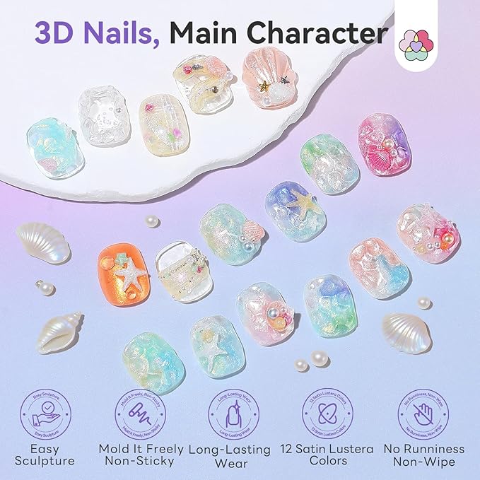 SAVILAND 3D Sculpture Gel Set: 12 No-Wipe Satin Luster 3D Sculpting Gel for Nail Art Non-Sticky Hand Carving Molding Gels with Dual-Tipped Silicone Pen for Nail Art Design, DIY Home Manicure, 5g Each