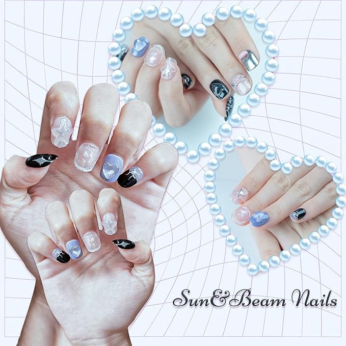 Sun&Beam Nails Handmade Press-on Short Squoval Round Silver Purple Black White Glitter Cartoon 3D Design Fashion False Nail Tips 10 Pcs Set (#168 L)