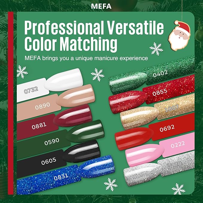 MEFA 19 Pcs Gel Nail Polish Kit with U V Light, 12 Red Christmas Colors Burgundy Red Dark Green Glitter Gel Polish Winter Silver Gold Sparkle Valentine's Day Manicure DIY Salon Decorations Gifts
