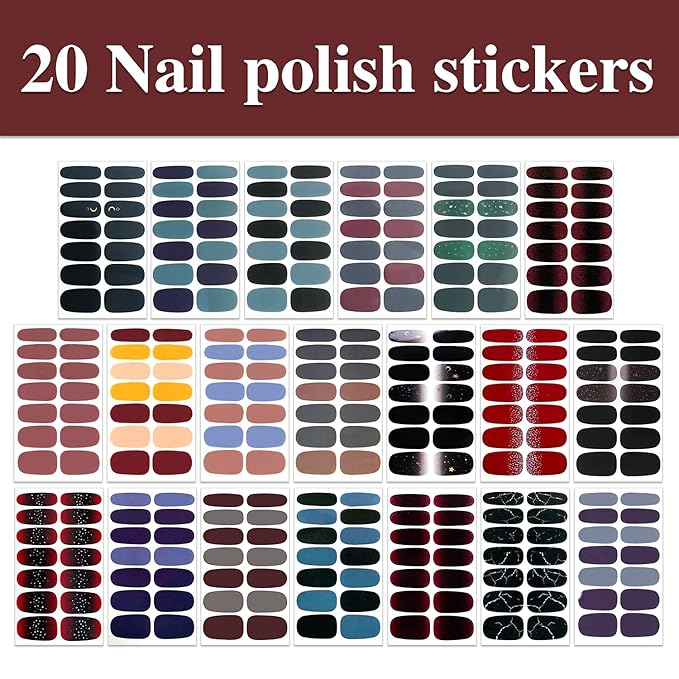 WOKOTO 20 Sheets Dark Solid Nail Polish Stickers, 280Pcs Mixed Color Solid Nail Stickers Full Nail Wraps, Gel Nail Strips Wraps Stick-On Nails Polish Strips Decals for Kids, Women & Girls