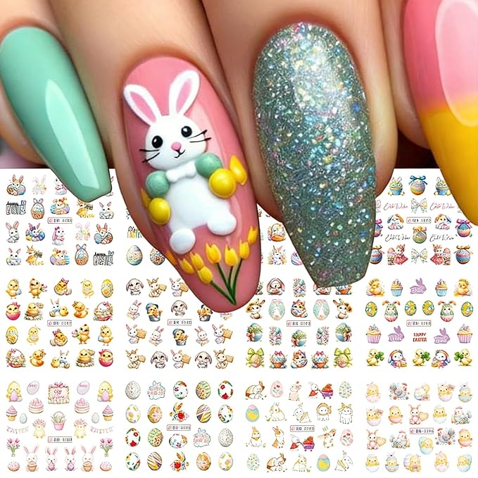 Easter Nail Art Stickers Decals 3D Self-Adhesive Nail Art Accessories Cartoons Bunny Chick Egg Designs Sticker Lovely Easter Rabbit Manicure DIY Nail Decorations 12 Sheets