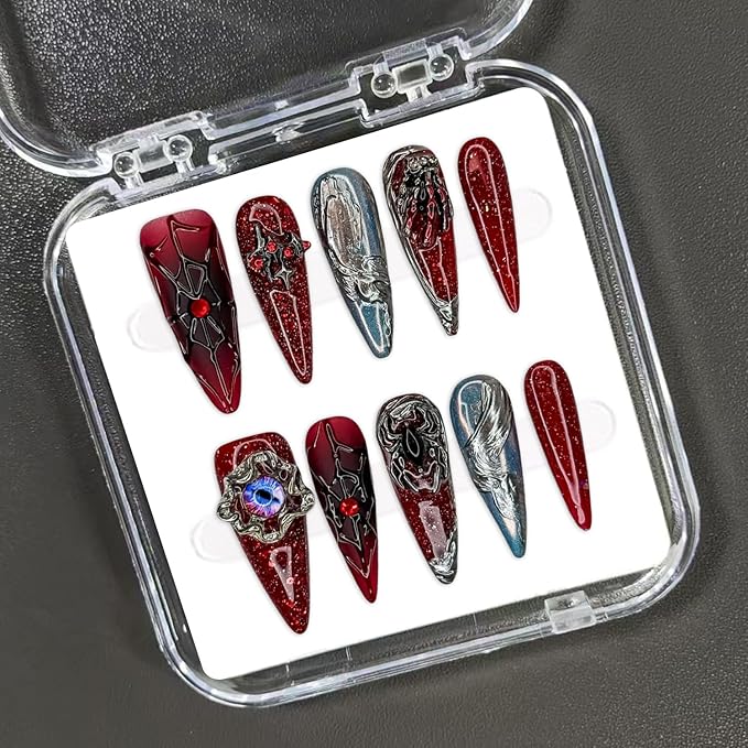 Halloween Press on Nails Luxury Red Black Fake Nails 3D Handmade Spider & Eyeball Unique Design Nail Art Thick Long Almond Halloween Spider Web Handbone Acrylic Nail for Women（Size S)