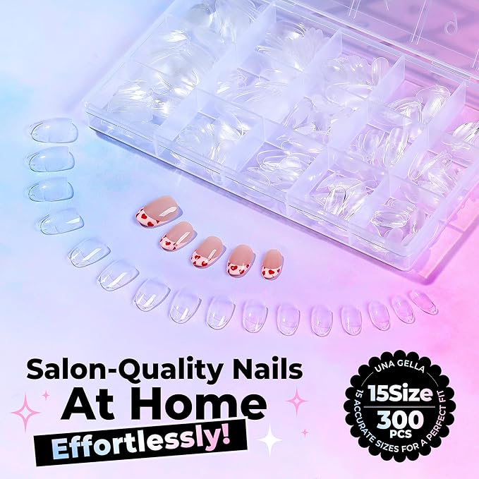 UNA GELLA Oval Gel Nail Tips Short 15 Sizes 300PCS Pre-Etched Clear Acrylic Nail Tips Easy DIY Salon Oval Almond Press On Nails Snug Fit Full False Fake Tips Extensions Long-Lasting Hold