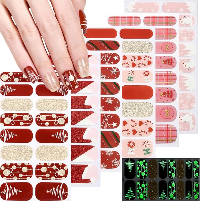 6 Sheets Christmas Nail Wraps Full Stickers Glow in The Darkness Nail Polish Strips, DIY Self-Adhesive Nail Art Santa Hat Xmas Tree Snowflakes with 5 Pieces Nail Files for Party Decor (96 Pieces)