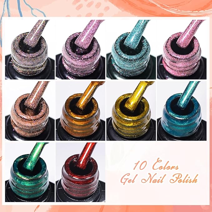 12Pcs Reflective Glitter Gel Nail Polish + Metallic Gel Nail Polish Set Gel Nail Art Manicure Kit 10 Colors