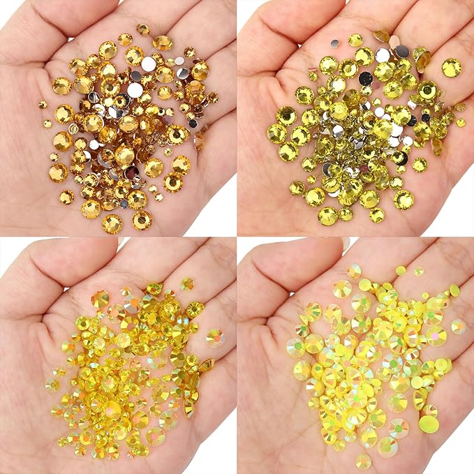 15000PCs 2-6MM Yellow Series Resin Flat Back Rhinestones, Round Non Hotfix Jelly & Silver Bottom Resin Rhinestones Nail Gems Stones with Tweezer & Picker Pen for Nail Art Tumblers & DIY Crafts