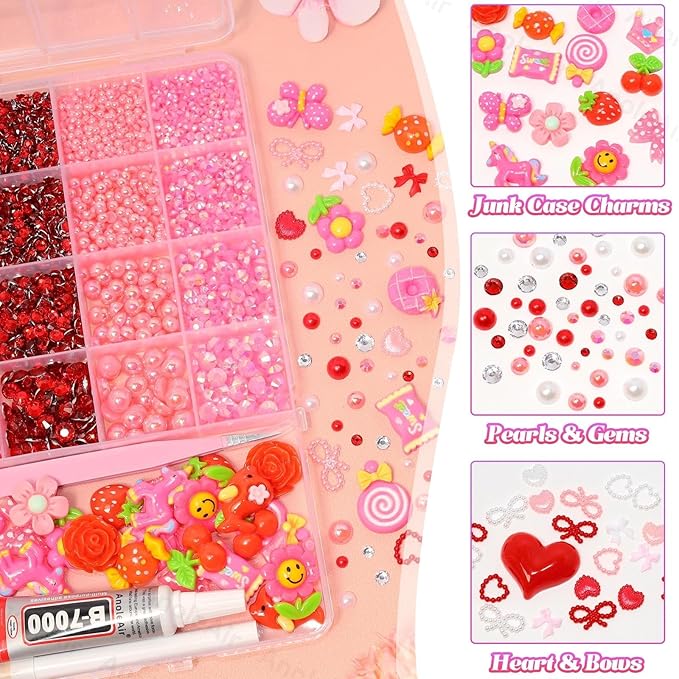 Junk Case Charms Kit, Pink Red Pearls Resin Rhinestones Bedazzling Kit, Cute Candy Bear Cartoon Phone Cases Charms, Junk Case with Big Charm for Crafts Nail Art DIY Accessories