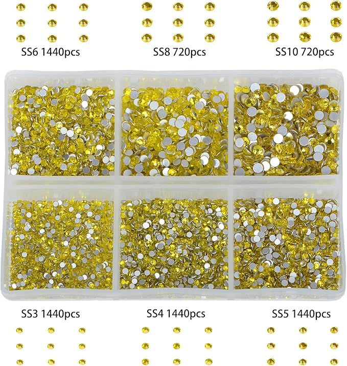 Bymitel 7200 Pieces 6 Mixed Sizes Glue Fix on Glass Rhinestones Round Crystal Gems Flatback for DIY Jewelry Making with one Picking Pen (6-Sizes 7200PCS, Citrine)