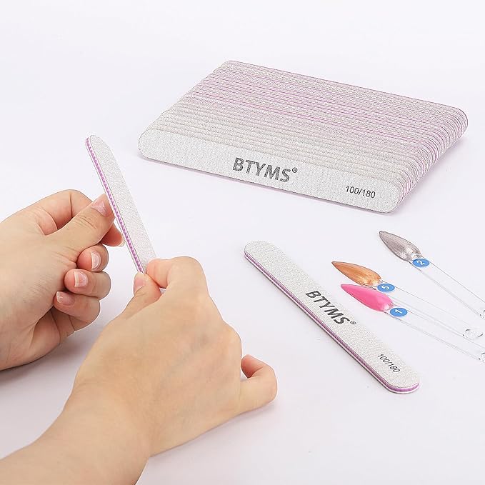 BTYMS 50Pcs Nail Files for Acrylic Nails 100/180 Grit, Reusable Buffering Files Double Sided Emery Boards for Nails