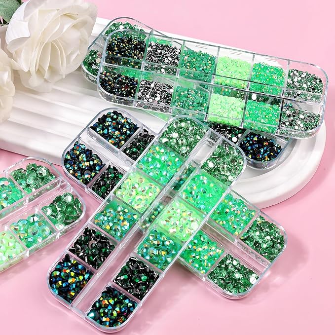 5 Boxes 12420pcs Sparkling Crystal Nail Rhinestones Kit, Flatback Multicolor Transparent Jelly AB Mermaid Gems with Pick Up Pen and Curved Tweezers for Manicure Salon & Craft DIY Designs (Green)