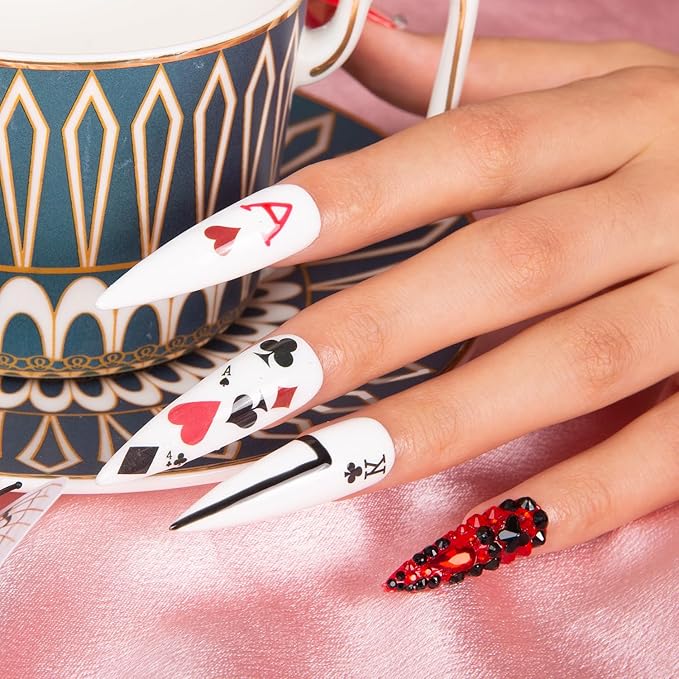 LOVFUL Press on Nails Poker Queen | Handmade with Full Covered Crystals | Reusable Fake Nails | Stiletto Mid Length 1.7 in | H102-S