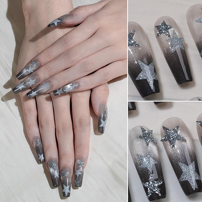 Sun&Beam Nails Handmade Press-on Long Coffin Ballerina Silver Grey Ombre Design Fashion False Nail Tips 10 Pcs Set (#263 M)