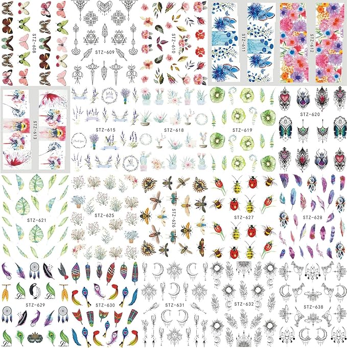 40 Sheets Flowers Nail Art Stickers, Holographic Flower Leaf Butterfly Pendant Necklace Feather Animal Line Nail Art Decals, Floral Resin Water Transfer Decal for Women Manicure Charms Decorations
