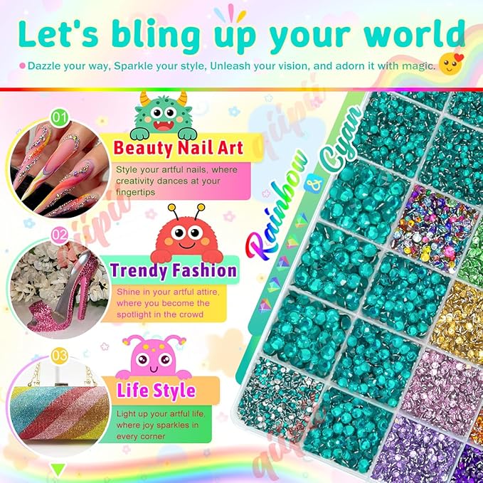 28 Grids Cyan Green 2-6mm Resin Rhinestones w B7000 Glue for Bedazzling Crafting Colorful Flatback Stones Diamonds Crystals Gems Bedazzler Kit for Nails Face Eyes Makeup Tumblers Bottles Crafts