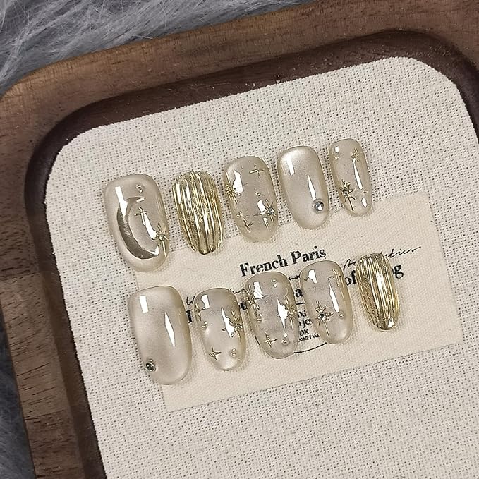 Handmade Press on Nails Short Oval,Cat Eye Fake Nails with Mirror Star Moon Designs,Soft Gel Ethereal Edgy French Retro Nails Kit with Tools,Shimmer Glossy Glue on Nails Short for Women(L)