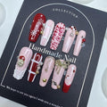 10Pcs Handmade Christmas Press on Nails Long French Tip Fake Nails with 3D Bow Pearl Design Thick Acrylic and Muti-Layer Gel False Nails Coffin Nails Press ons Christmas Glue on Nail for Women (S)